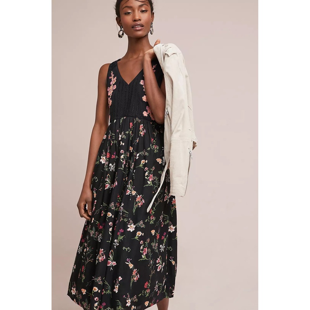 Maeve Anthropologie Lola Floral Embroidered V-Neck Midi Dress Black Womens XS